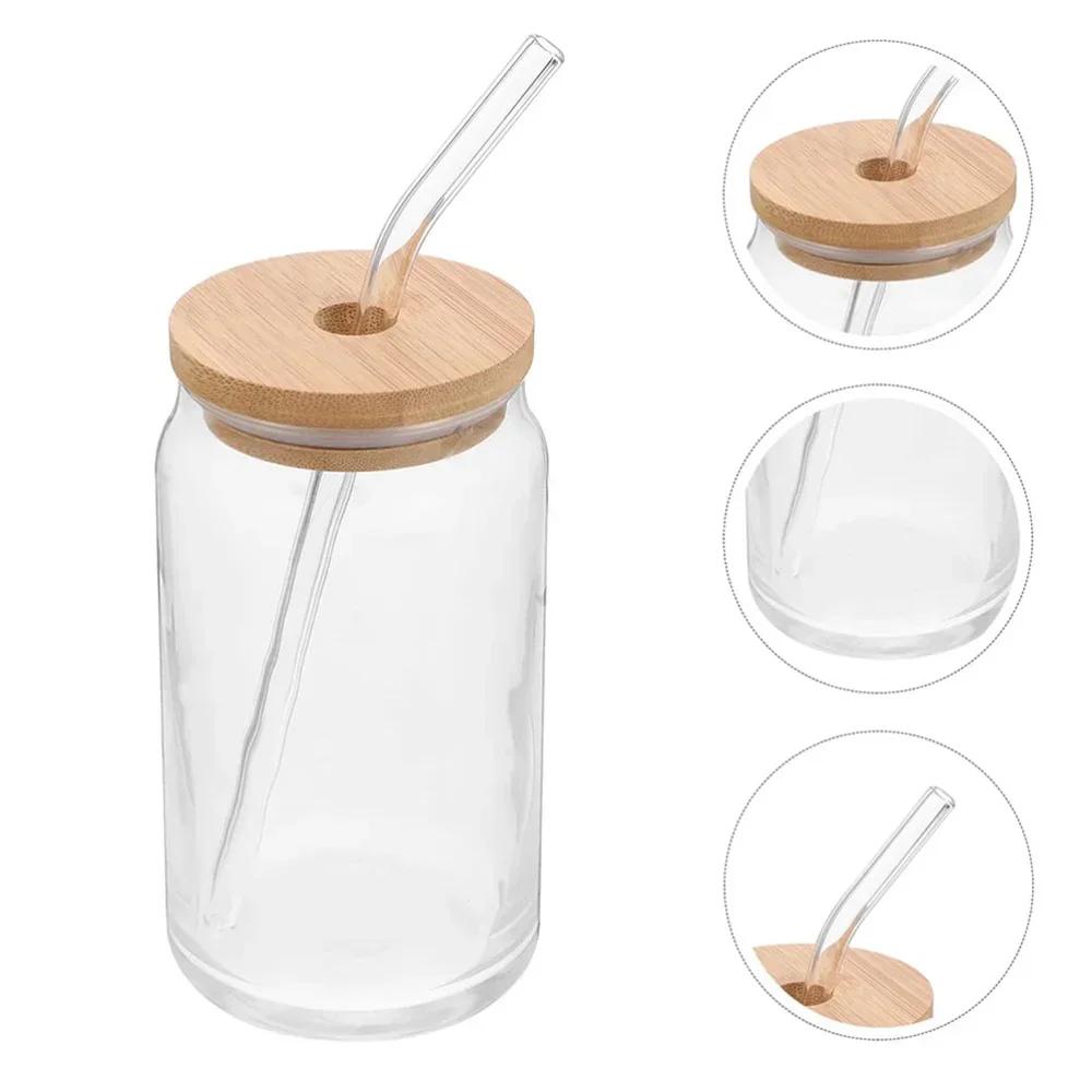 350ml/550ml Glass Cups with Bamboo Lids and Straw 1pc Mason Jars Coffee Mug Beer Can Shaped for Cocktail Whiskey Milk Juice Cola