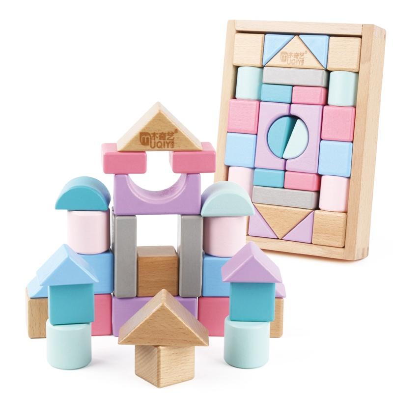 Wooden Building Blocks Set with Storage Bag Wooden Toys for Kids Assembled Building Blocks Early Educational Toys for Children