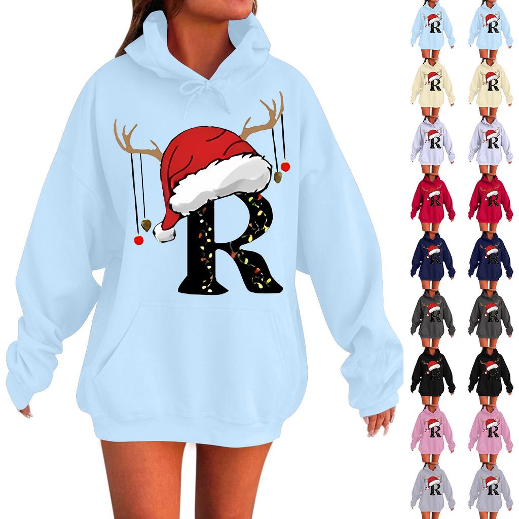 Ladies Fashion Casual Long Sleeve Printed Round Neck Hoodie Pullover Top With Pockets