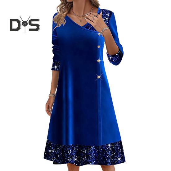 Fall Winter Women Dress Shiny Sequin Patchwork V Neck A Line Big Swing Long Sleeve Button Decor Solid Color Soft Warm Mid Calf Length Lady Midi Dress