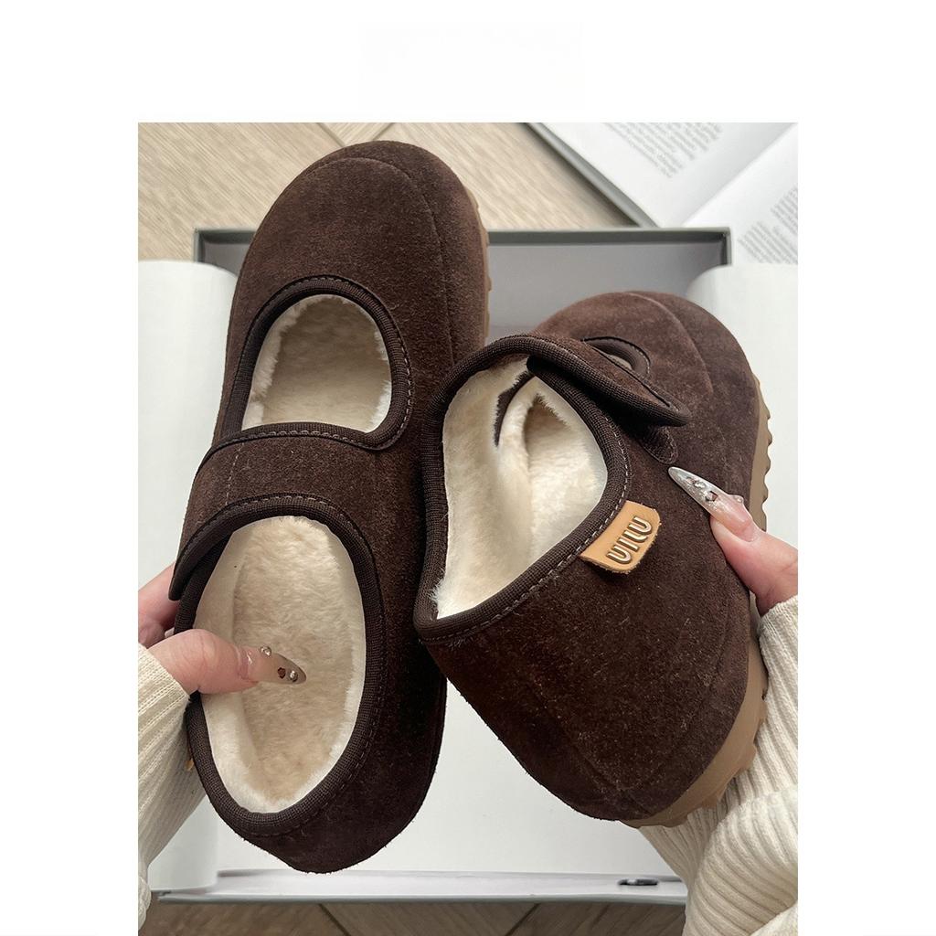 Soft Leather Version~ Heel Height 4cm Mary Jane Shoes Mao Mao Shoes 2025 New Suede Velcro Fleece Warm Casual Shoes