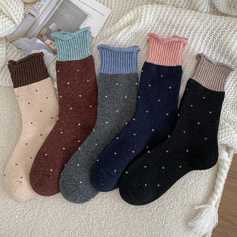 Wool Socks Children'S Stacking Socks Season Fleece Thickened Warm Color Matching Retro Polka Dot Curled Cashmere Medium Tube Socks