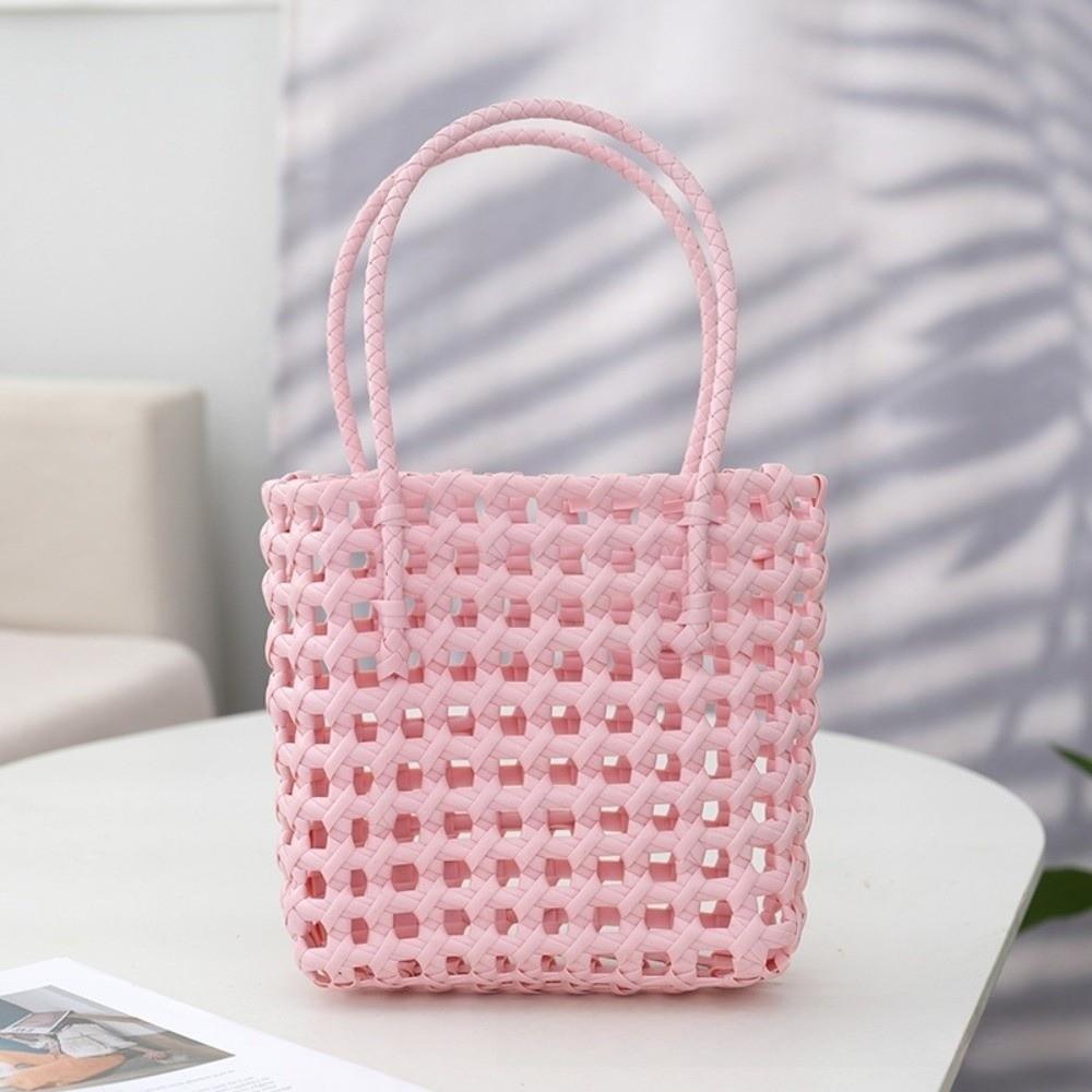 

Plastic Material Basket Bag Soft Handle Beach Tote Bag New Hollow Weave Bag Picnic розовый