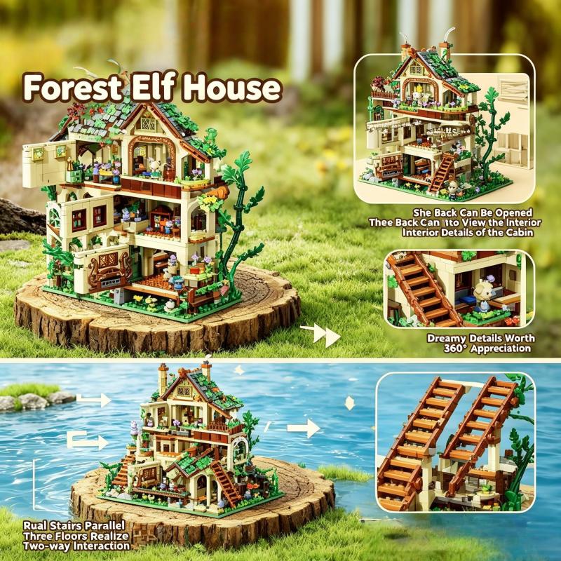 Ensemble de construction de cabane d'elfe de la forêt, modèle de maison forestière modulaire avec roue à aubes et décorations florales, kit de briques créatif STEM pour la maison D
