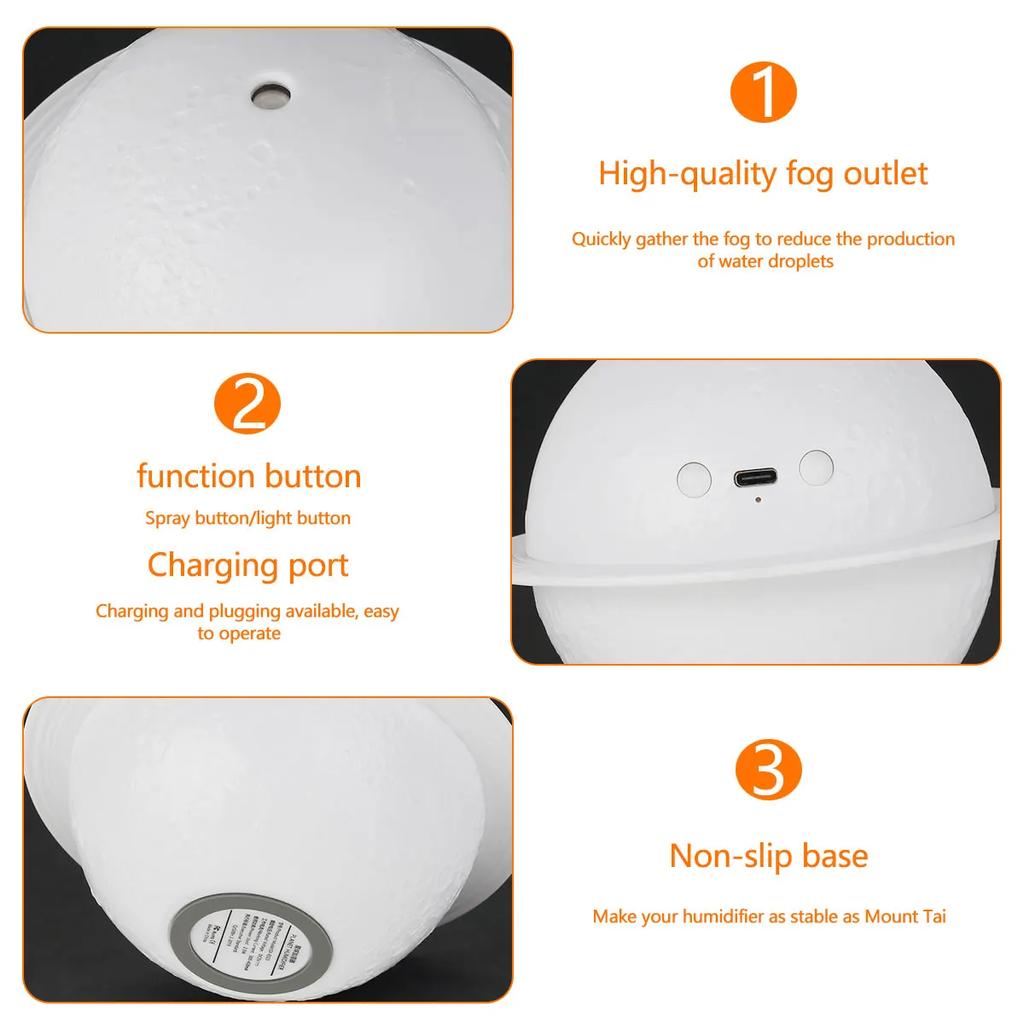 Aroma Diffusor Luftbefeuchter mit LED 200ML 3D Mond Planet Luftbefeuchter USB Tragbarer Luftreiniger Schlafzimmerdeko Nachtlichter Neu