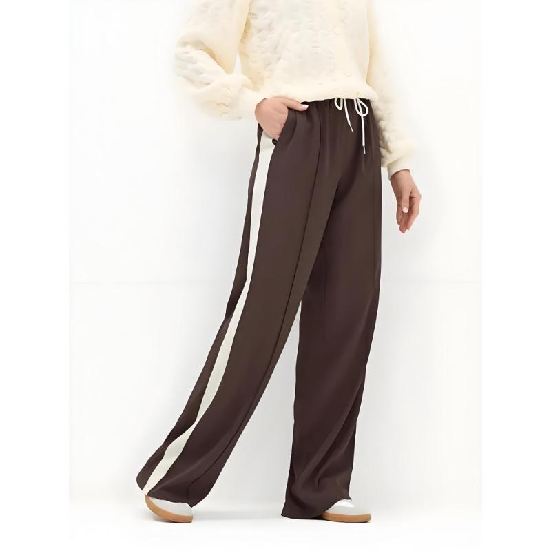 Women's Dark Brown Drawstring Wide Leg Sweatpants | Side Stripe Draped Flattering Casual Sports Trousers