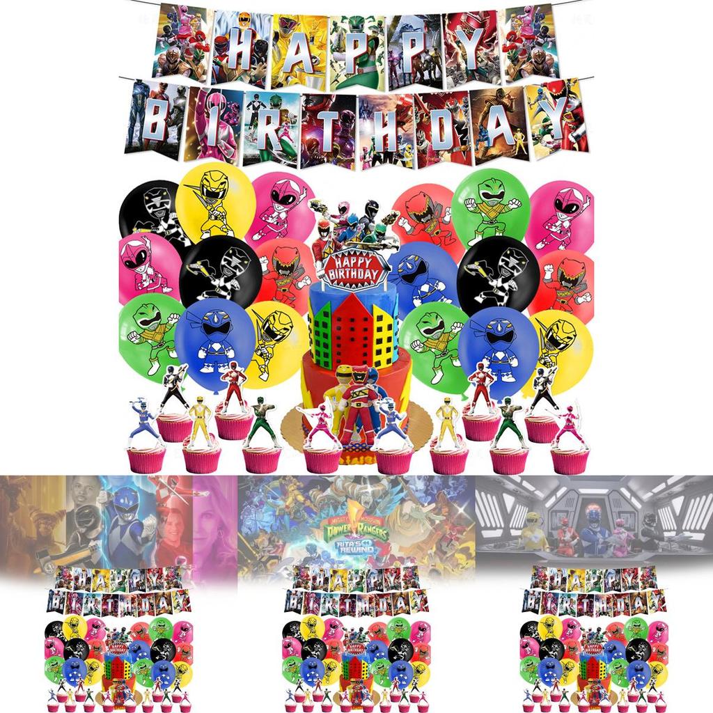 Decorações de Festa de Aniversário dos Mighty Morphin Power Rangers Com Balões de Tema Dinossauro E Bandeirinhas de Bolo Para Meninos
