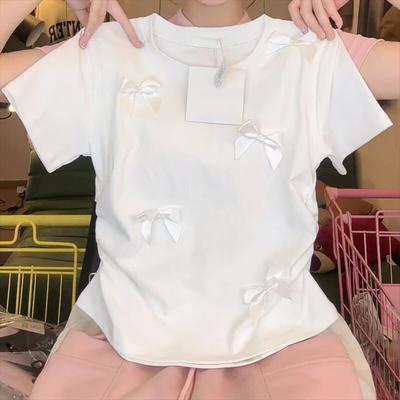 VAYLA Nové dámské jednobarevné tričko s kulatým výstřihem, 3D mašlí na rameni, krátkým rukávem, módní, jednoduché, elegantní, univerzální, ležérní