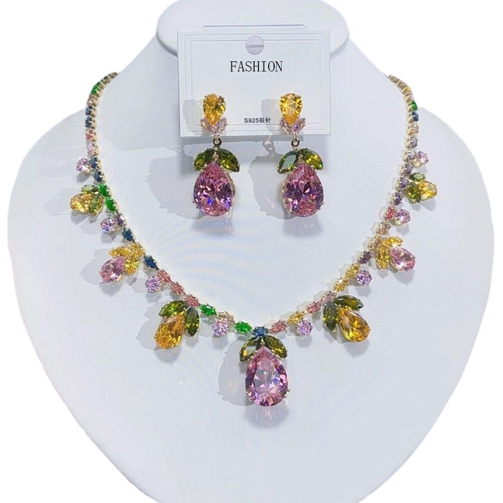 Luxury Waterdrop Pendant Jewelry Set Earring Pink Necklace For Women Bridal Wedding Exquisite Fashion Zircon Party Banquet Gift