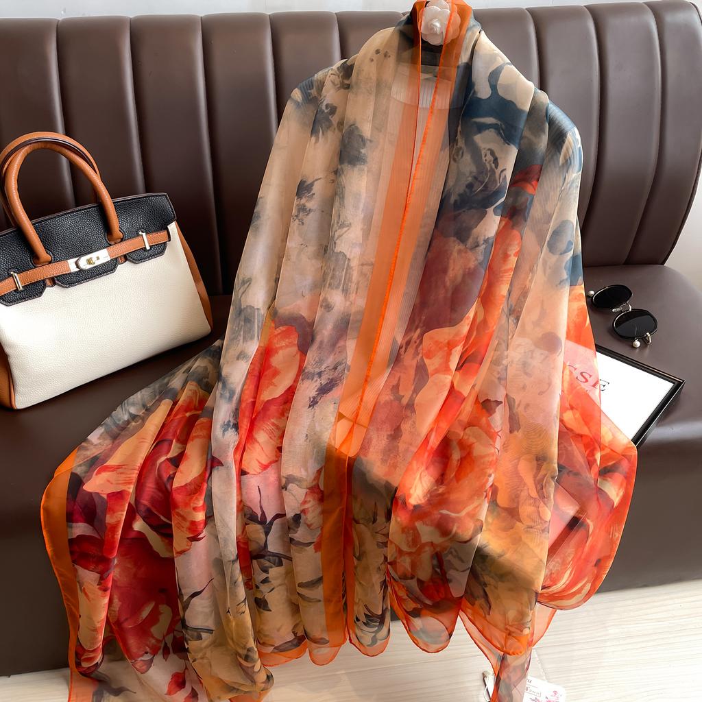 Fashion Silk Scarf Women Foulard Thin Stoles Beach Travel Tippet Floral Long Veil Shawl Luxury Scarves Soft Premium Pareos