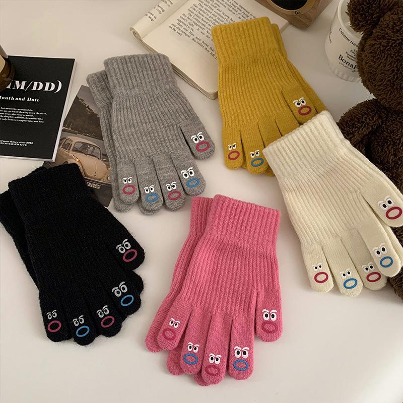 Cute Solid Color Knitted Wool Warm Gloves for Women In Winter with Fingerless Touch Screen Students with Split Fingers To Prevent Cold Cycling Cartoon