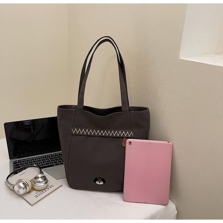 Casual Striped Embroidered Canvas Shoulder Bag - Autumn/Winter 2025 Trendy Student Design