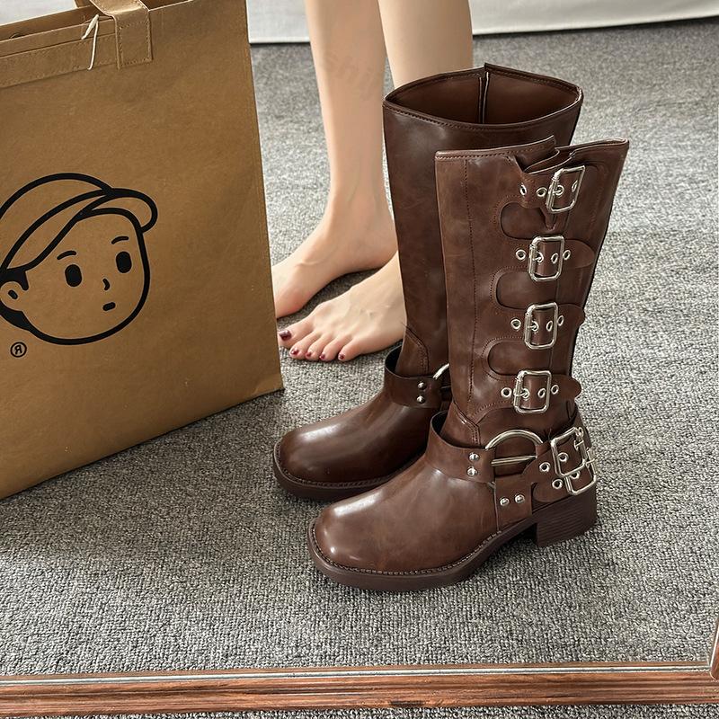 Women's Long Boots 2026 Autumn Comfortable Anti Slip Outdoor Fashion Mid Heeled Boots Leather Retro Boots Buckle Botas Mujer