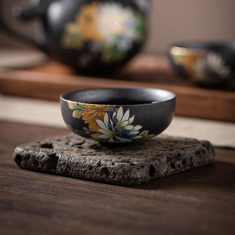 Kiln turned silver black stamping relief craft tea cup Goupin cup antique ceramic master cup tea cup Kung Fu tea set