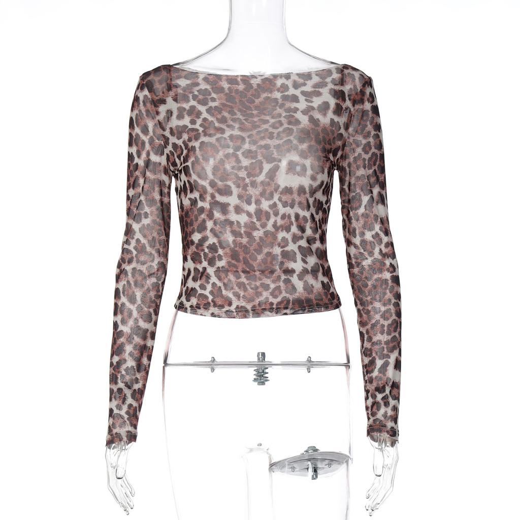 European and American women's clothing autumn new sexy one-word collar mesh see-through leopard print long-sleeved T-shirt top