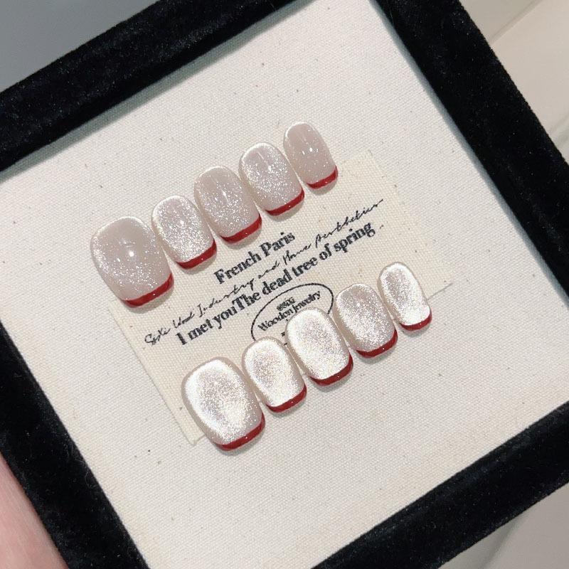 10Pcs Handmade Press on Nails Full Cover Shiny Cat Eye Art Short Square Ballerina False Nails with Jelly Glue Wearable Manicure