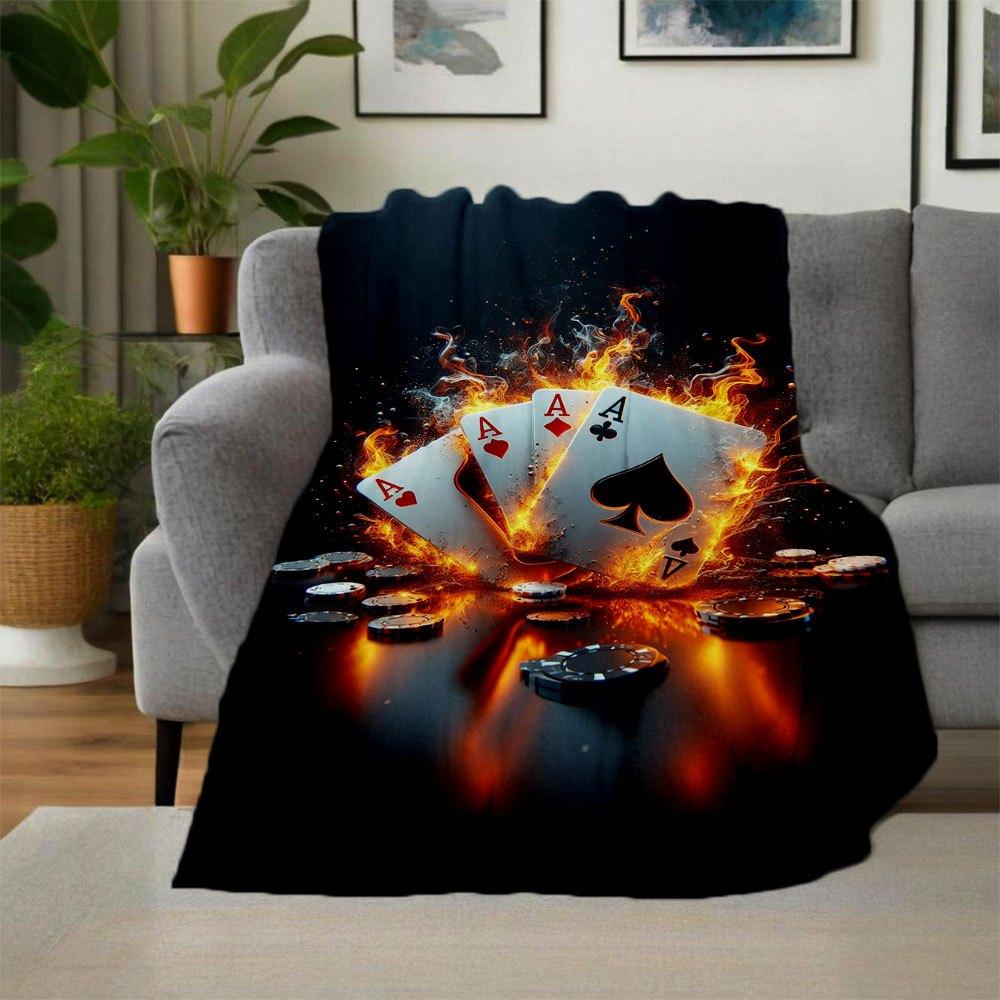 "Flaming Poker Night: Ace Cards & Casino Chips Set"Blanket Flannel Throw Blanket for Sofa, Bed, Travel, Camping, Office
