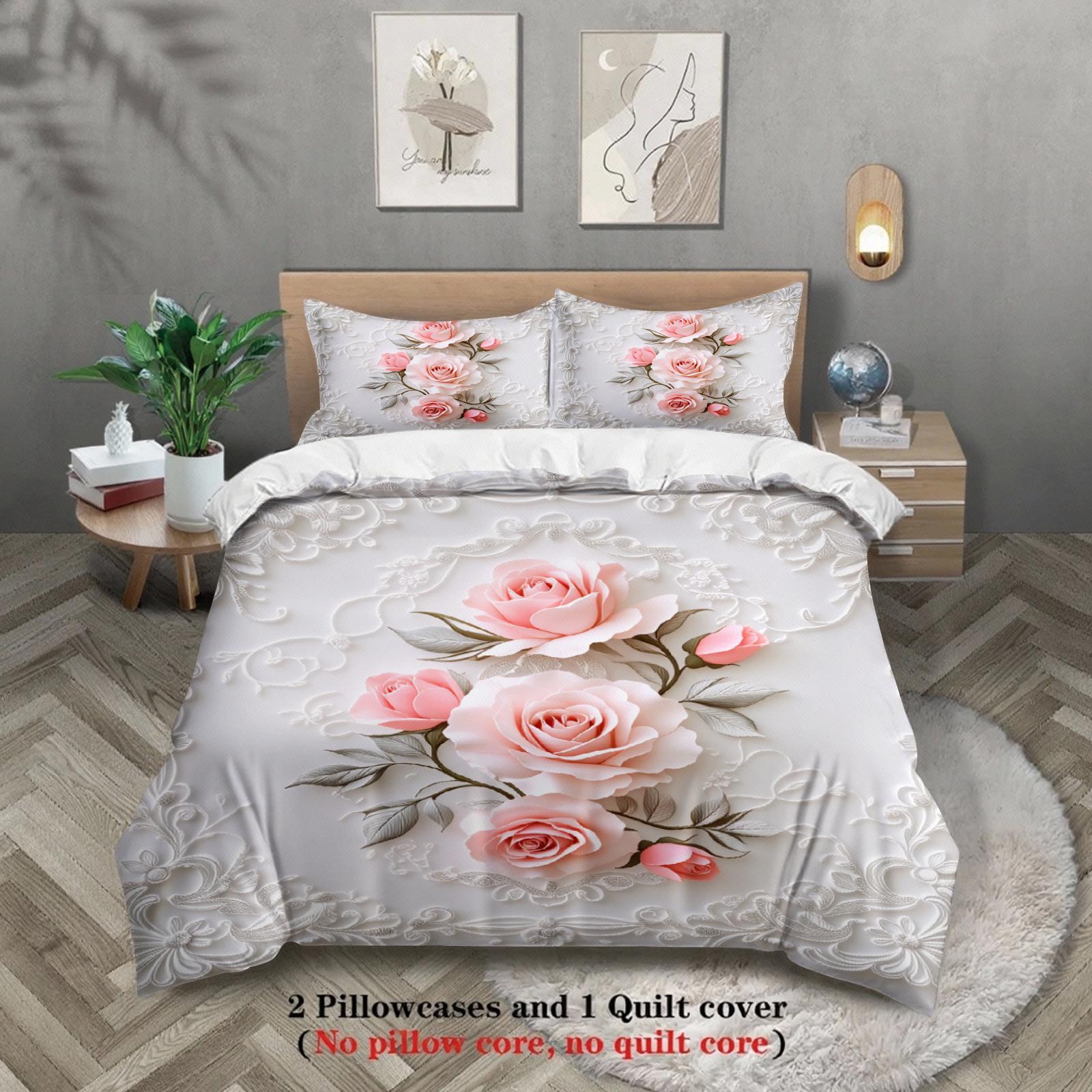 

Rose Embroidered Bedding Set White Floral Pattern With Pink Roses With Duvet Cover & Pillowcases For Bedroom Decor EU Twin(135x200cm)