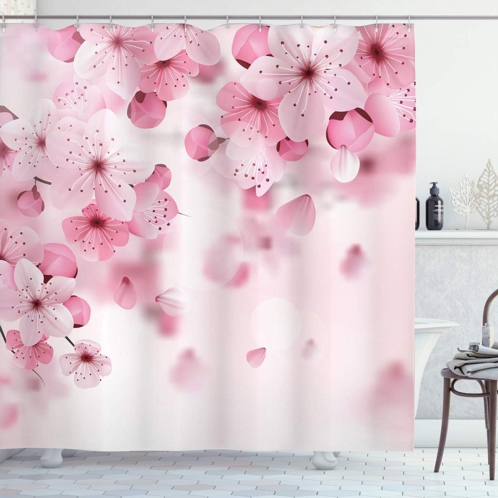Floral Shower Curtain, Spring Nature Theme Cherry Blossom Bathroom Decor Polyester Fabric Waterproof Bath Curtain with Hooks