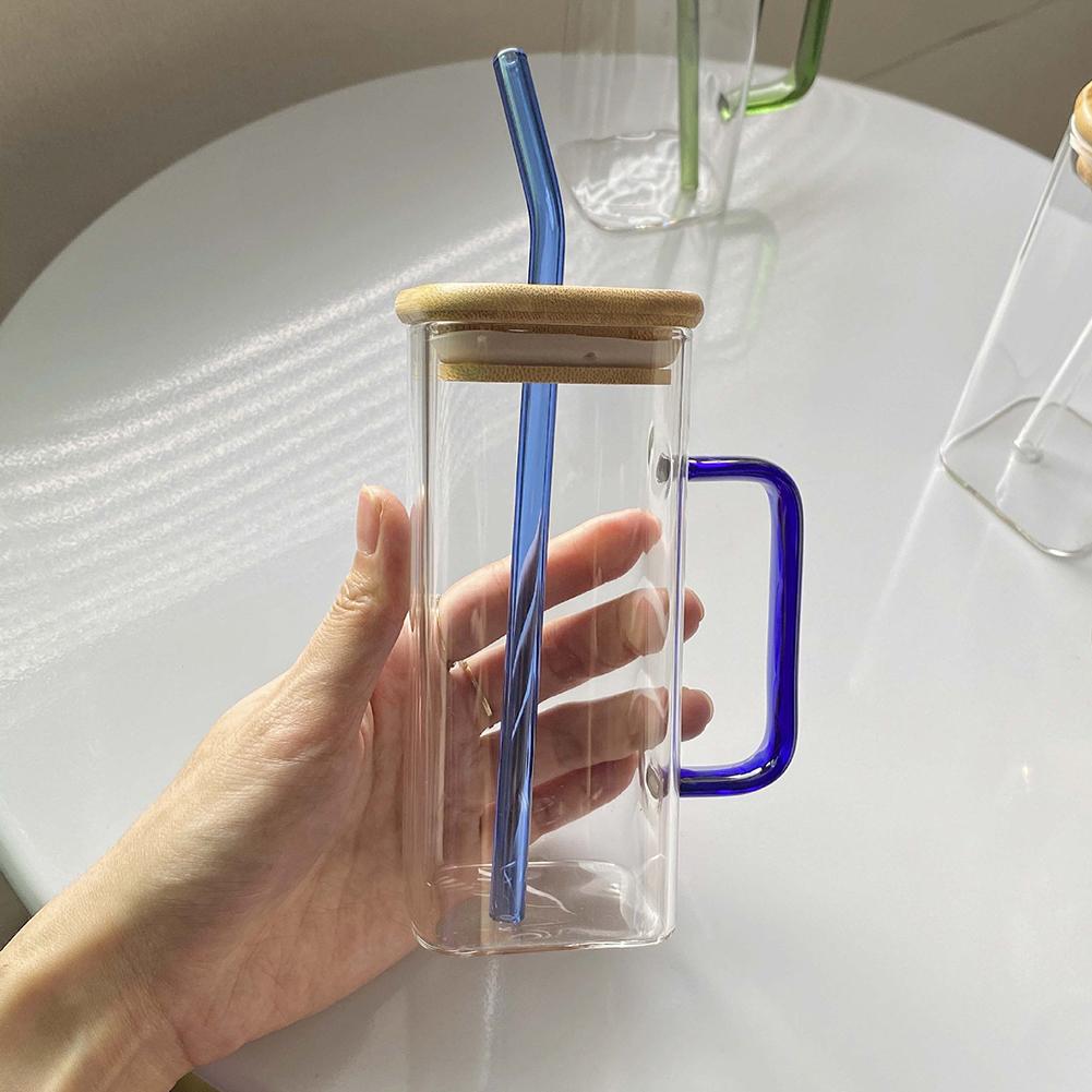 Square Borosilicate Glass Cup with Handle Bamboo Lid and Straw Clear Drinking Glass for Home Office Gift Glass Water Cup