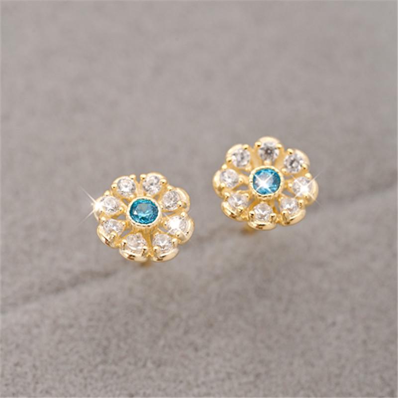 100% 925 Sterling Silver Blue Sparkling Zircon Flower Stud Earrings for Women Sterling Silver Jewelry Gift золотой