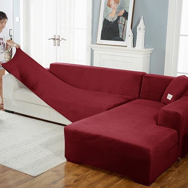 Fluwelen bankhoes Luxe L-vorm banken hoes effen kleur hoekbankhoezen fauteuil anti-stof elastische hoes huisdiervriendelijk