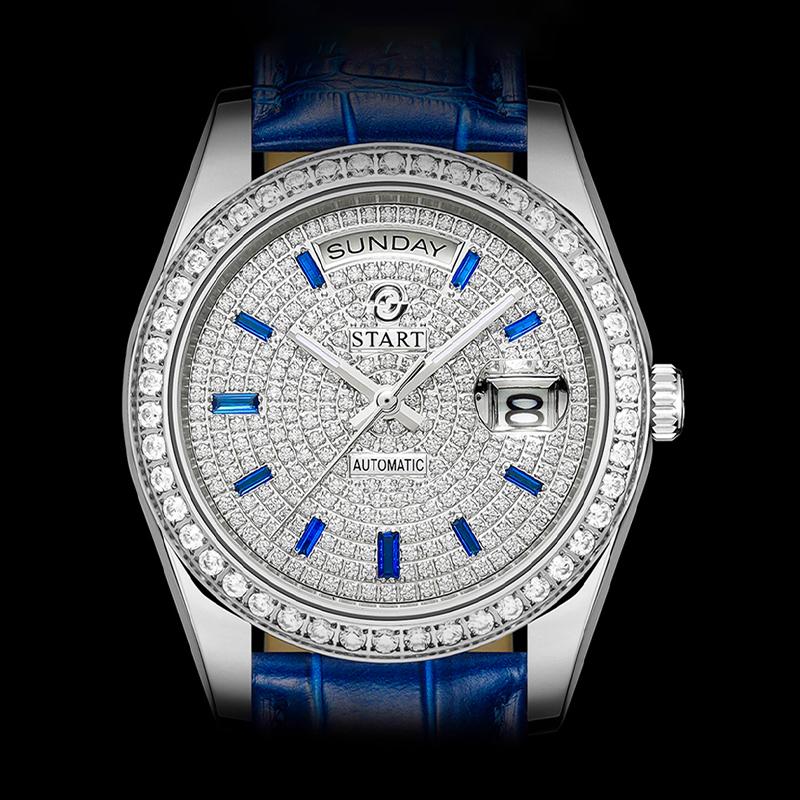 Start Gypsophila-Uhr, modische Herrenuhr, Diamant-Zifferblatt, automatische mechanische Uhr, Lederuhr, wasserdicht, Datums- und Wochenfunktion