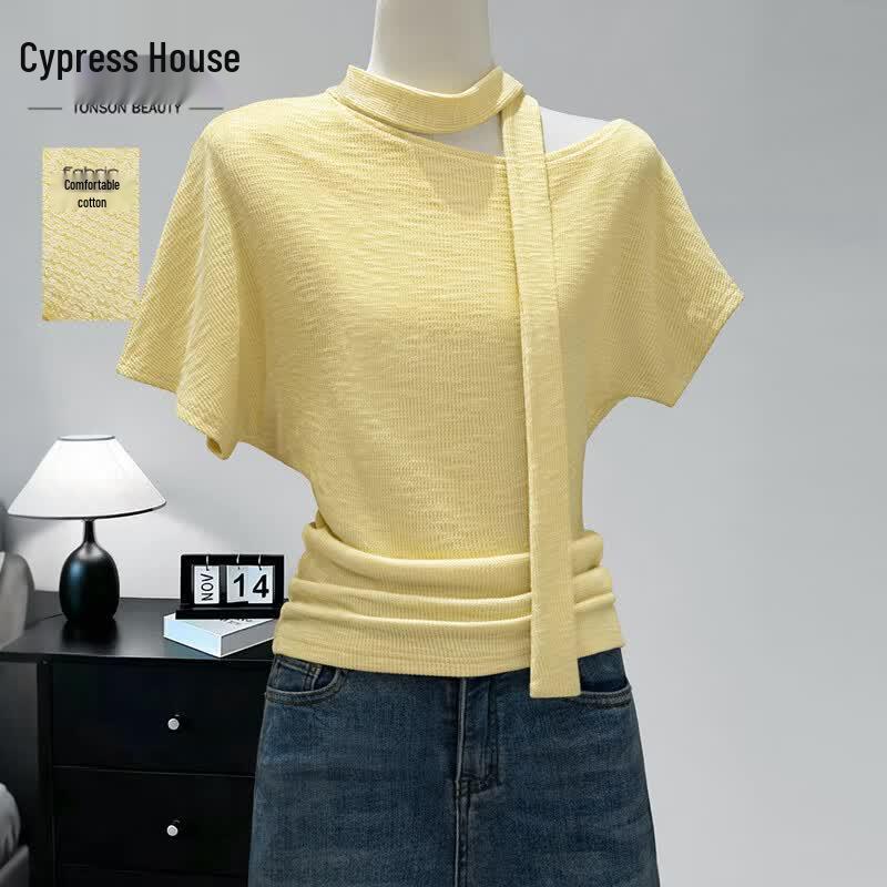 Women s Asymmetric Tie-Waist Slant-Neck T-Shirt L
