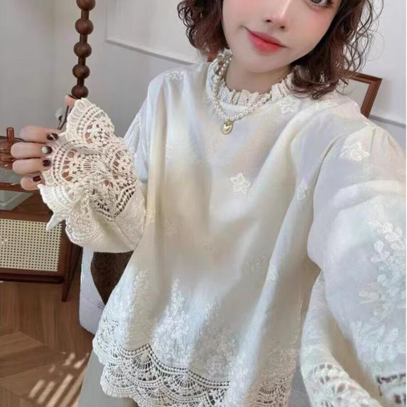 

Женская рубашка с длинным рукавом и французской отделкой кружевом: Блузка свободного кроя в корейском стиле, весна 2025 L слоновая кость