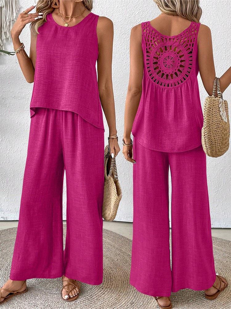 2026 Summer Sleeveless Solid Color Lace Back Women's Casual Set