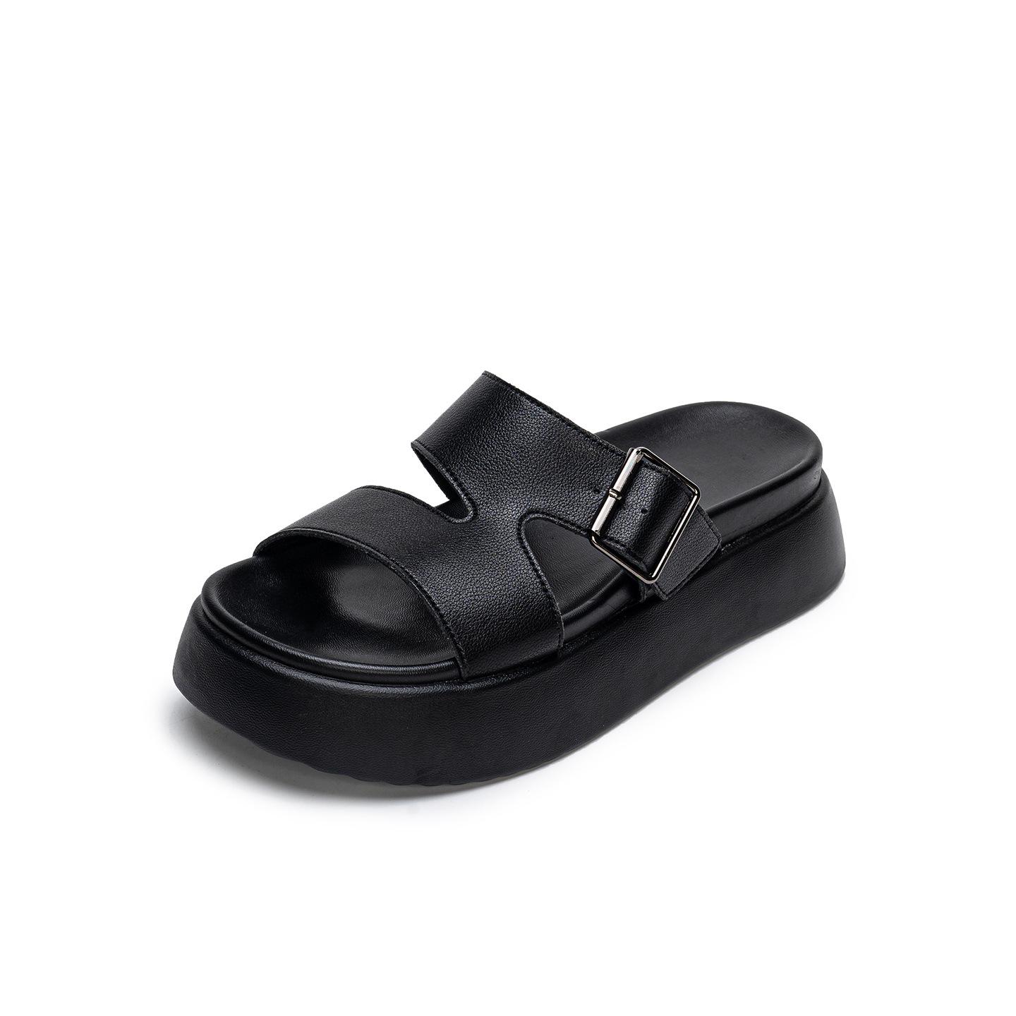 Women s Genuine Leather Platform Slides - Black Soft Sole Casual Summer Flip Flops Size 36 чёрный