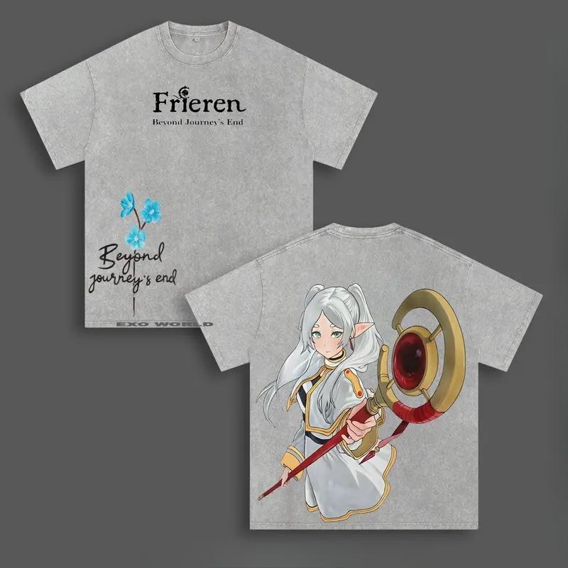 Frieren: Beyond Journey's End Anime T Shirt Vintage Washed Oversized T-shirt For Men's Clothing Short Sleeve Cotton Tees Tops