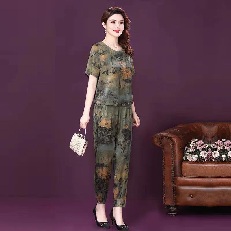 2025 Summer Plus Size Loose Print Short Sleeve T-shirt & Slimming Long Pants Set for Middle-Aged and Elderly Moms