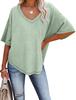 2024 Damen Sommer V-Ausschnitt Fledermausärmel Waffelstrick Kurzarm Locker T-Shirt Top