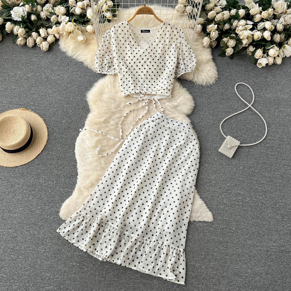 Women Polka Dot Two Piece Set Summer Short Drawstring Tops + High Waist Long Skirt 2pcs Suit Outfits Red Purple Black