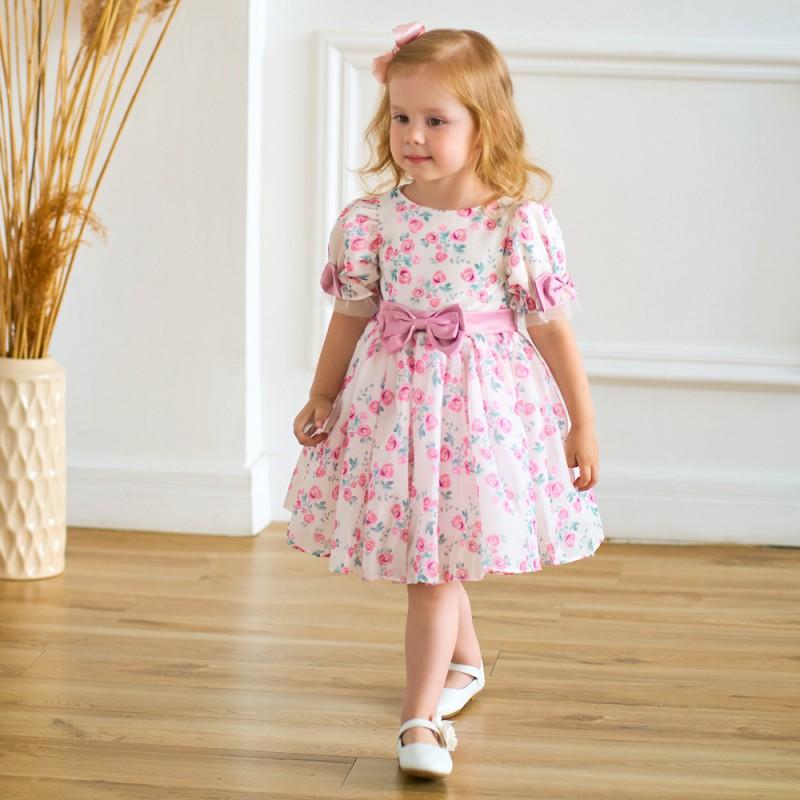 Baby Girls Formal Dress Floral Print Puff Sleeve Tulle Gown Birthday Party Wedding Events