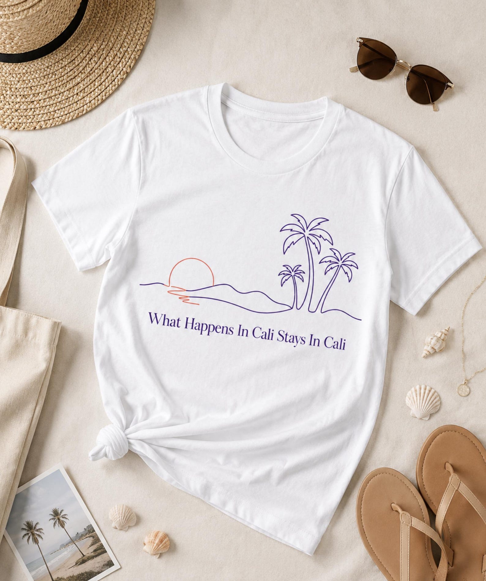 What Happens In Cali Shirt – Minimalist Palm Sunset Graphic Tee M