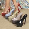 Eilyken Street Style Sequin Cloth PVC Transparent Open Toe Women Slippers Stiletto Heels Nightclub Fashion Stripper Mules Shoes