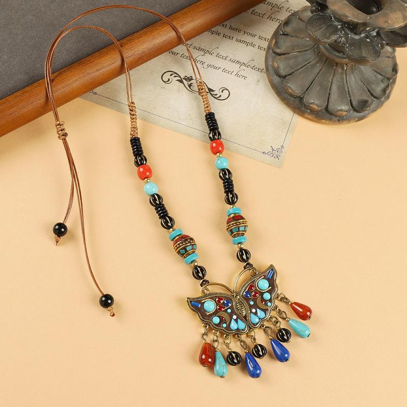 Original Design Nepalese Butterfly Necklace Vintage Clavicle Chain Exotic Style Tassel Frontier Tibetan Headdress
