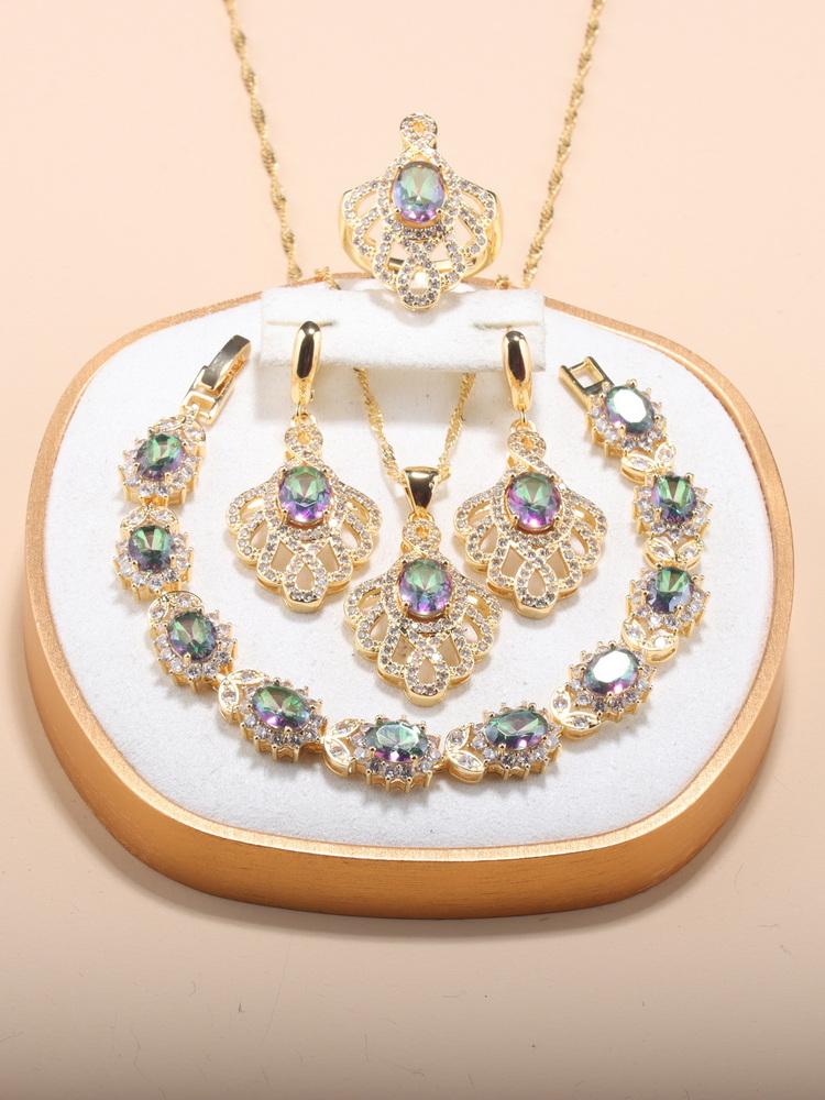 12-Colors Luxury Quality Big Jewelry Set Wedding Ring Adjustable Necklace And Earrings Bridal Accessories Charm Chain Bracelet