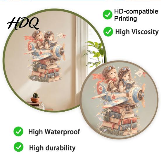 Unique Gift Ideas for Kids Room Pilot Girls Wall Sticker Self-Adhesive Watercolor Airplane and Stacked Book PVC Decal Removable Stickers Nursery