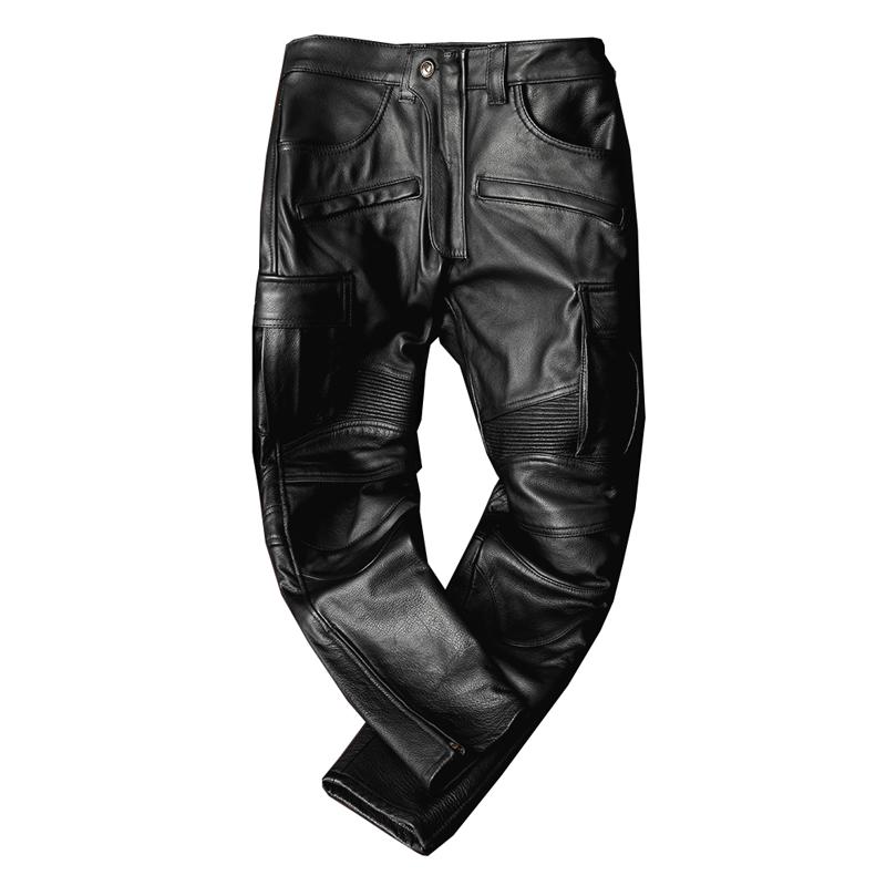 Soft Genuine Leather Motorcycle Riding Pants with Armor Pads for Men Women Winter Fall