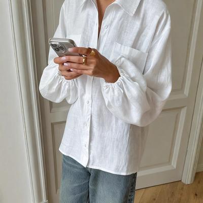 Womens White Linen Blend Shirt Loose Fit Turn-Down Collar Button-Up Tunic Top Long Sleeve Casual Office Wear