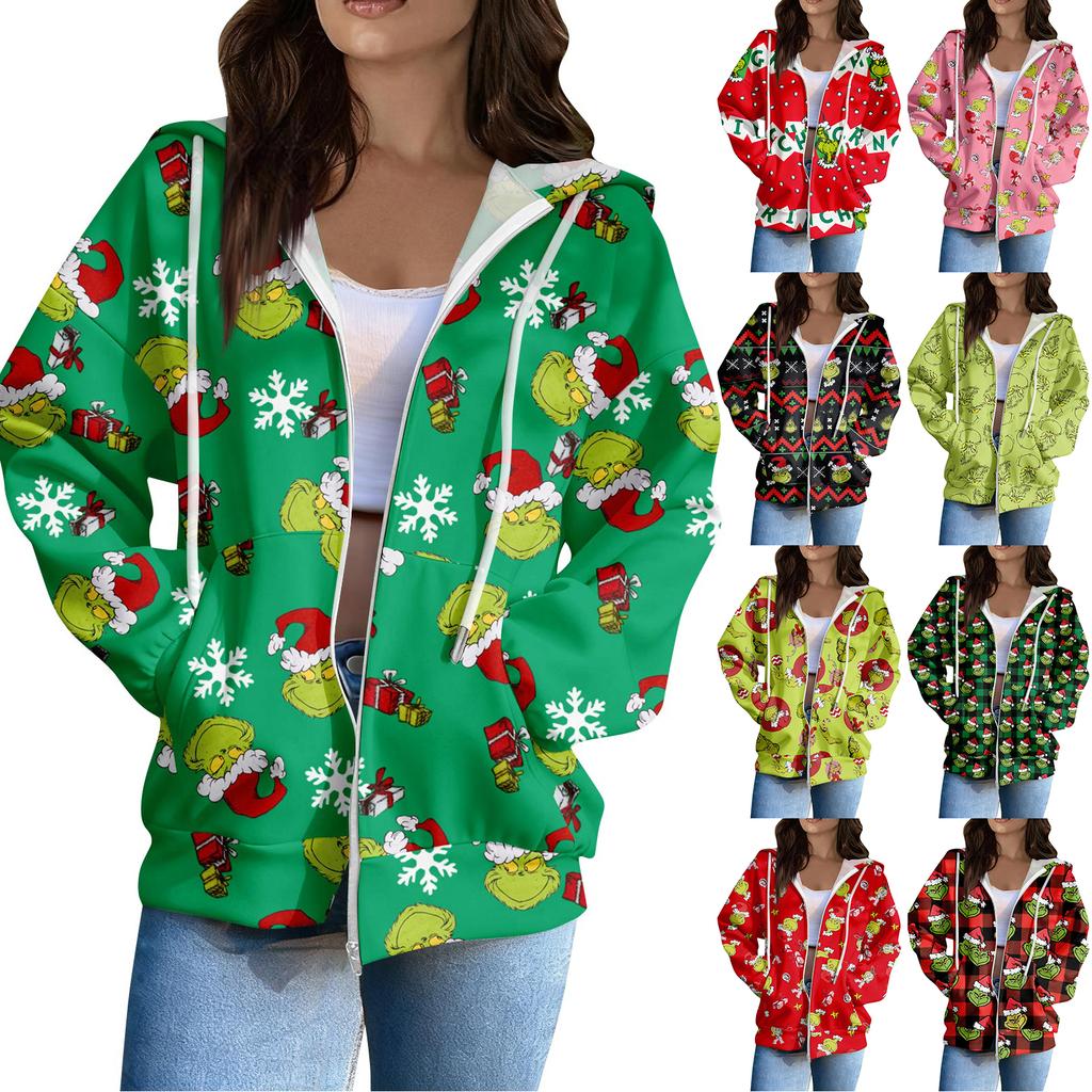Women's Casual Fashion Long Sleeve Zipper  Printed Hooded Sweatshirt