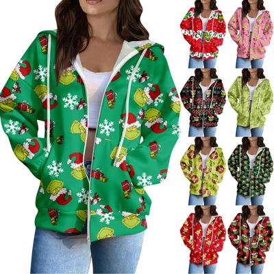 Women's Casual Fashion Long Sleeve Zipper  Printed Hooded Sweatshirt