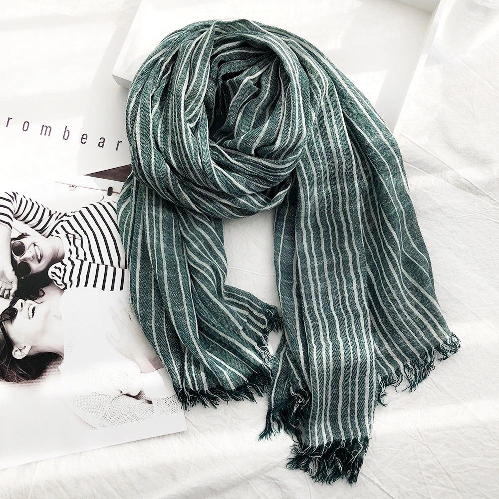 Autumn and Winter Striped Cotton and Linen Scarves for Women Classic Cotton and Linen Casual Silk Scarves for Men New Pleated Literary Retro Shawls