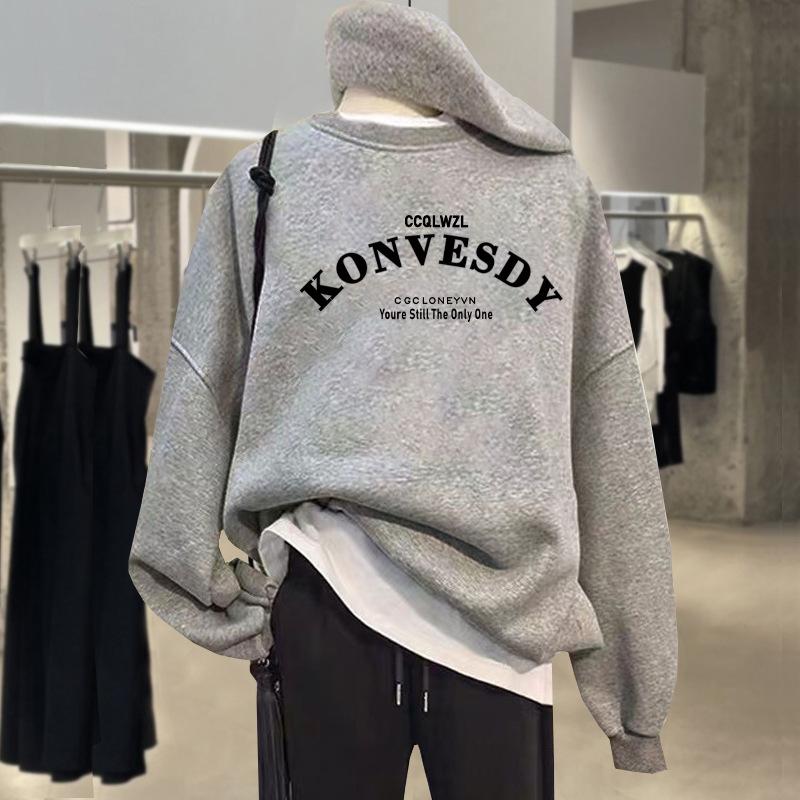 

Women s pure cotton autumn and winter new printing round neck pullover fleece thickened sweater letter loose coat tide XXXXL