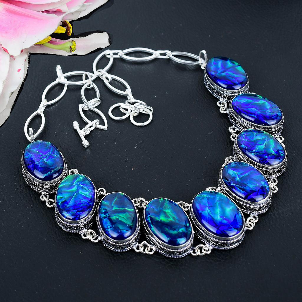 Blue Triplet Opal Gemstone 925 Sterling Silver Jewelry Necklace 18" KG-1629