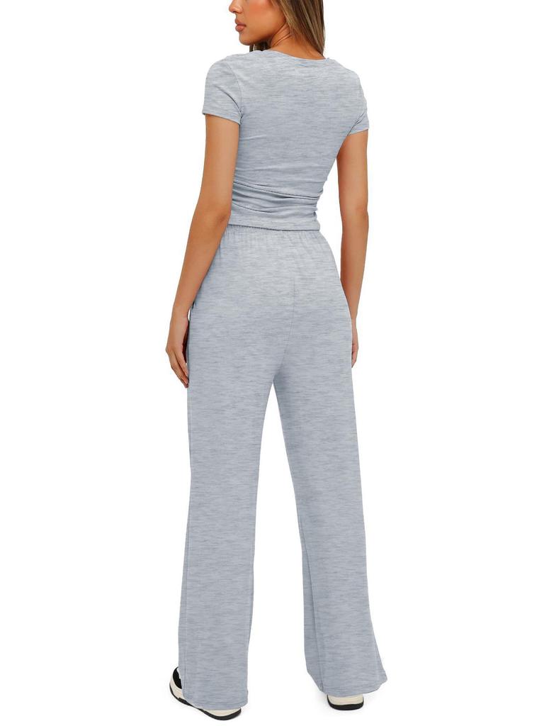 Lässiges Rüschenbesatz Einfarbig Kurzarm Top & Hochtaillierte Weitbein Hose Set