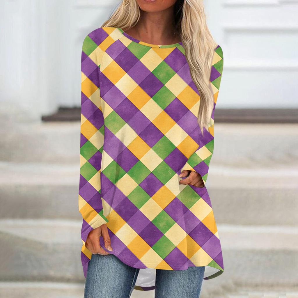 Women's Fashionable Round Neck Raglan Long Sleeved Carnival Printed Casual Pullover Top